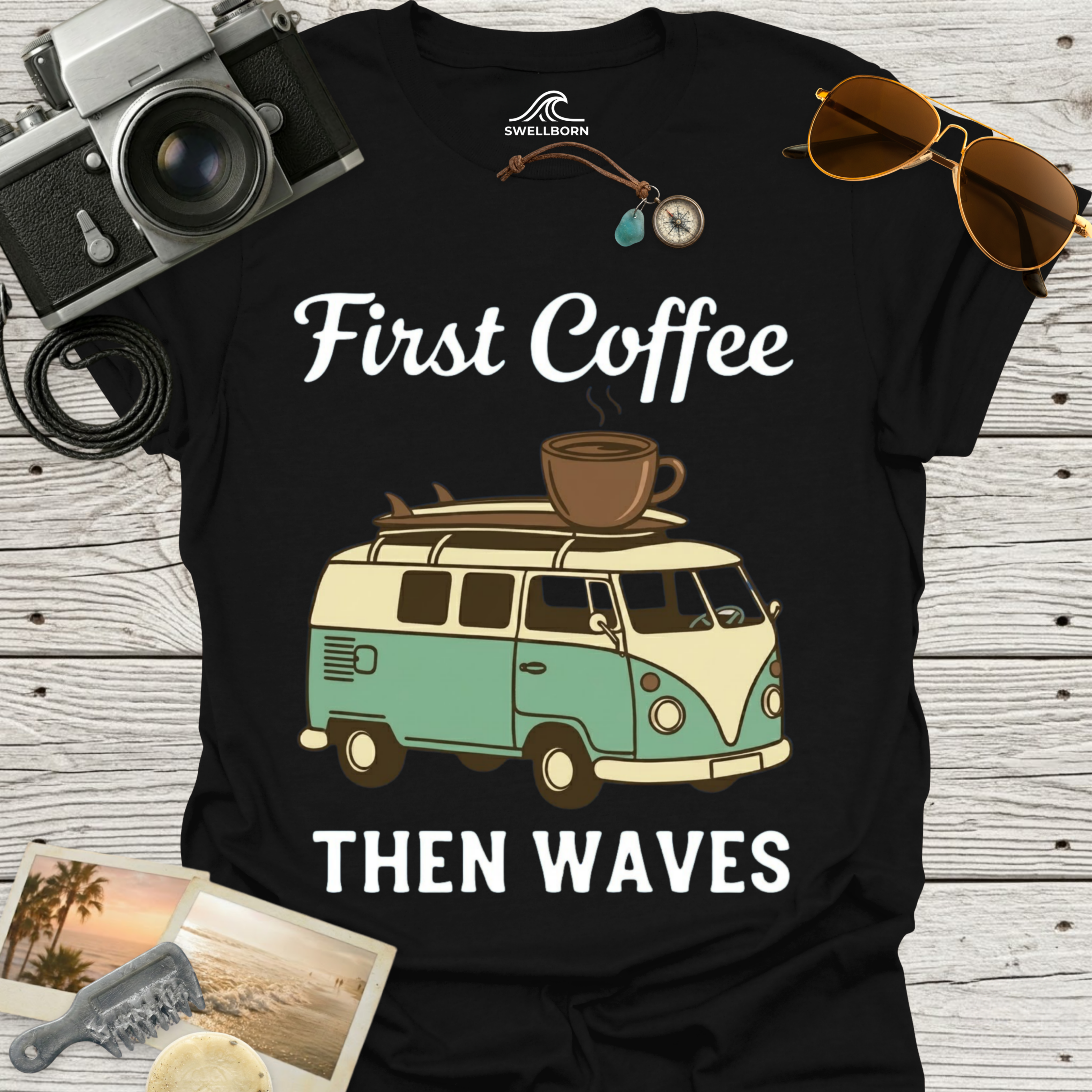 First Coffee Then Waves T‑Shirt