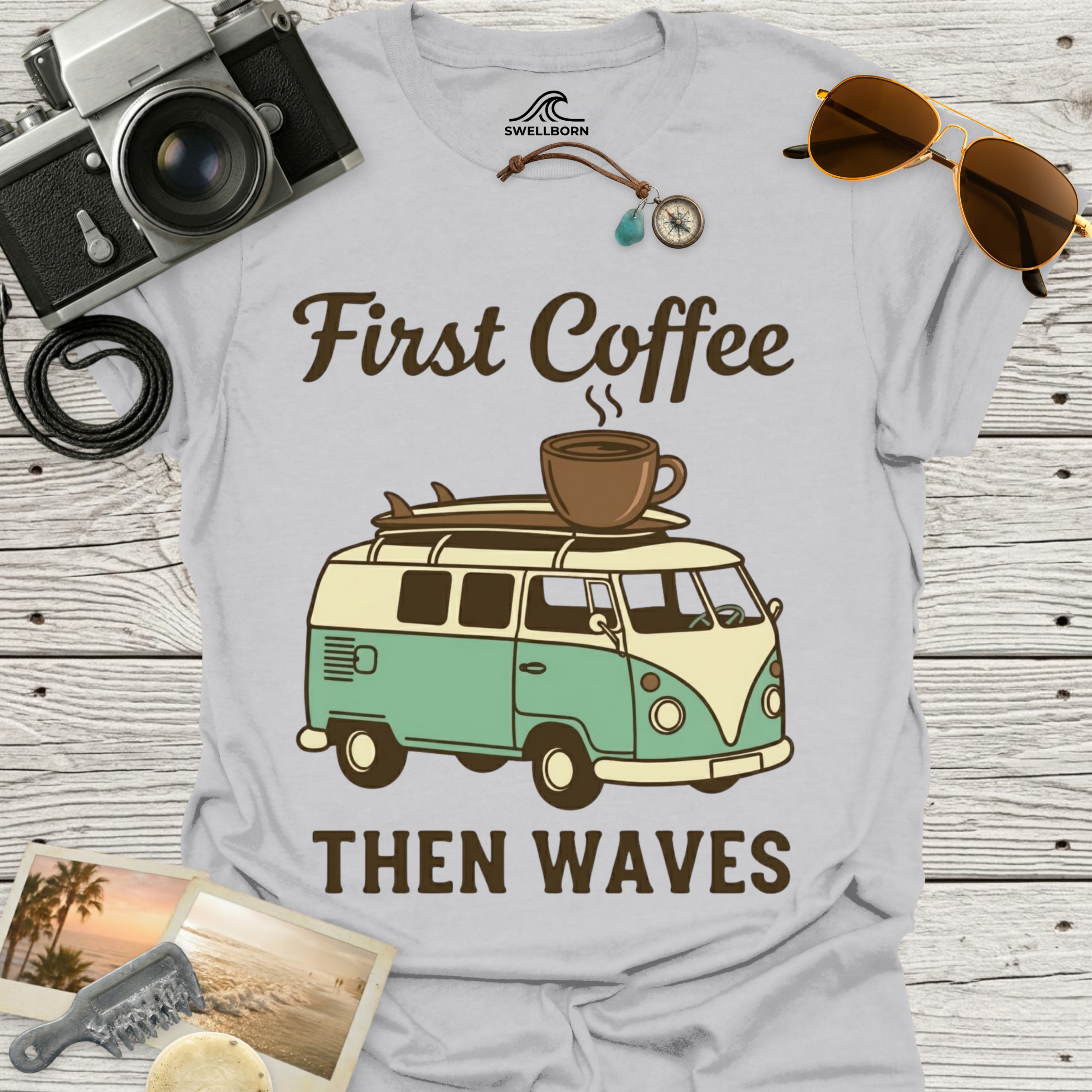 First Coffee Then Waves T‑Shirt