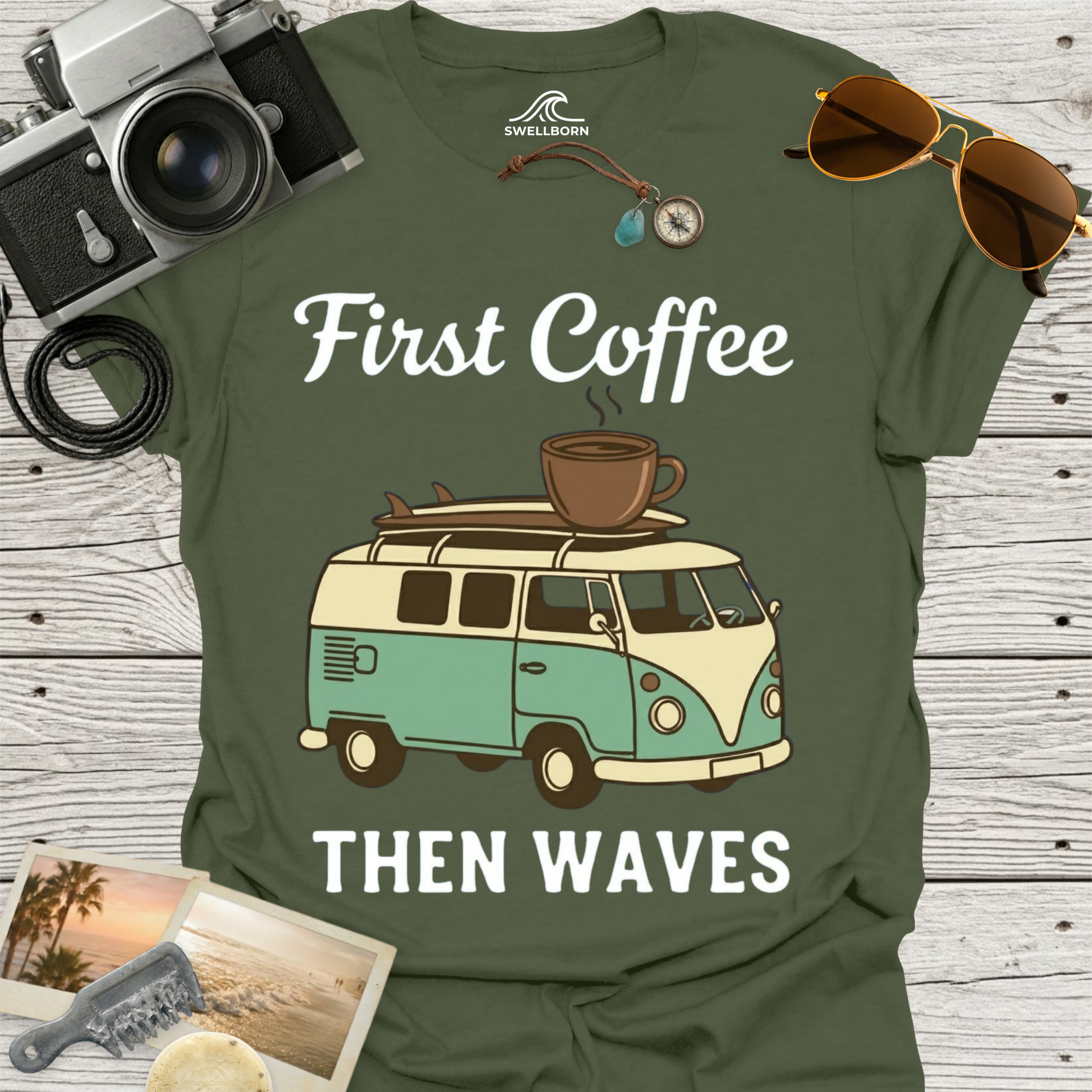 First Coffee Then Waves T‑Shirt