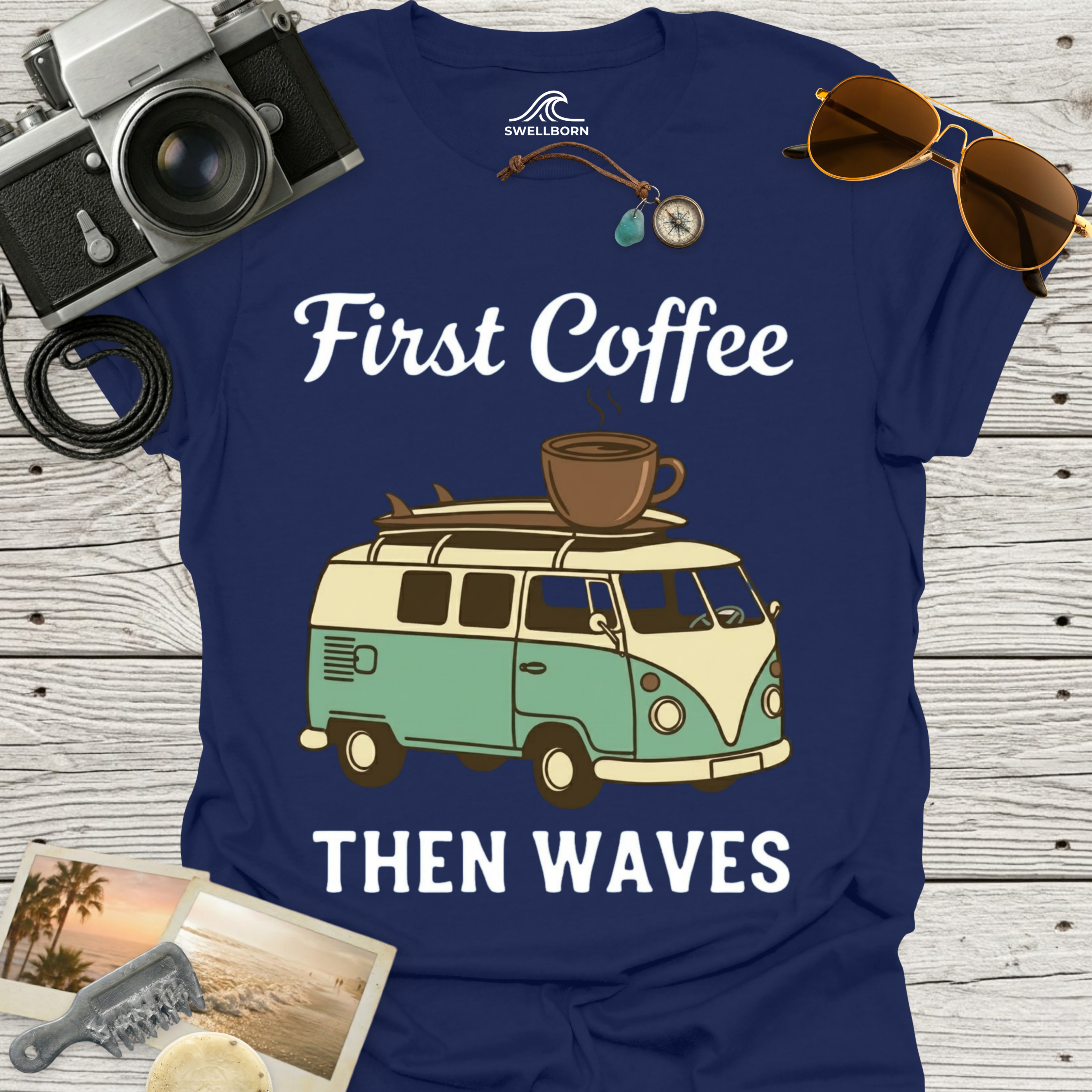 First Coffee Then Waves T‑Shirt