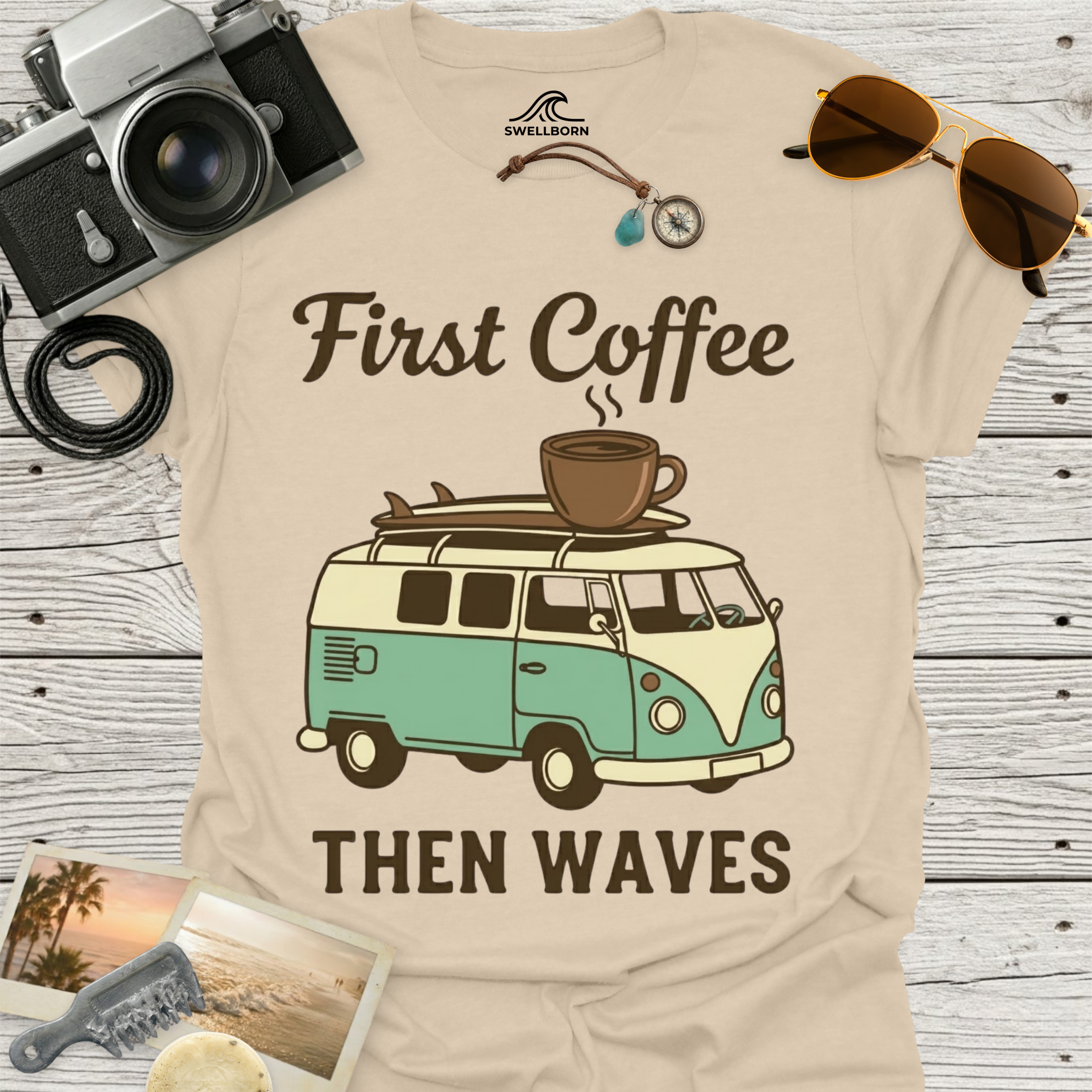 First Coffee Then Waves T‑Shirt