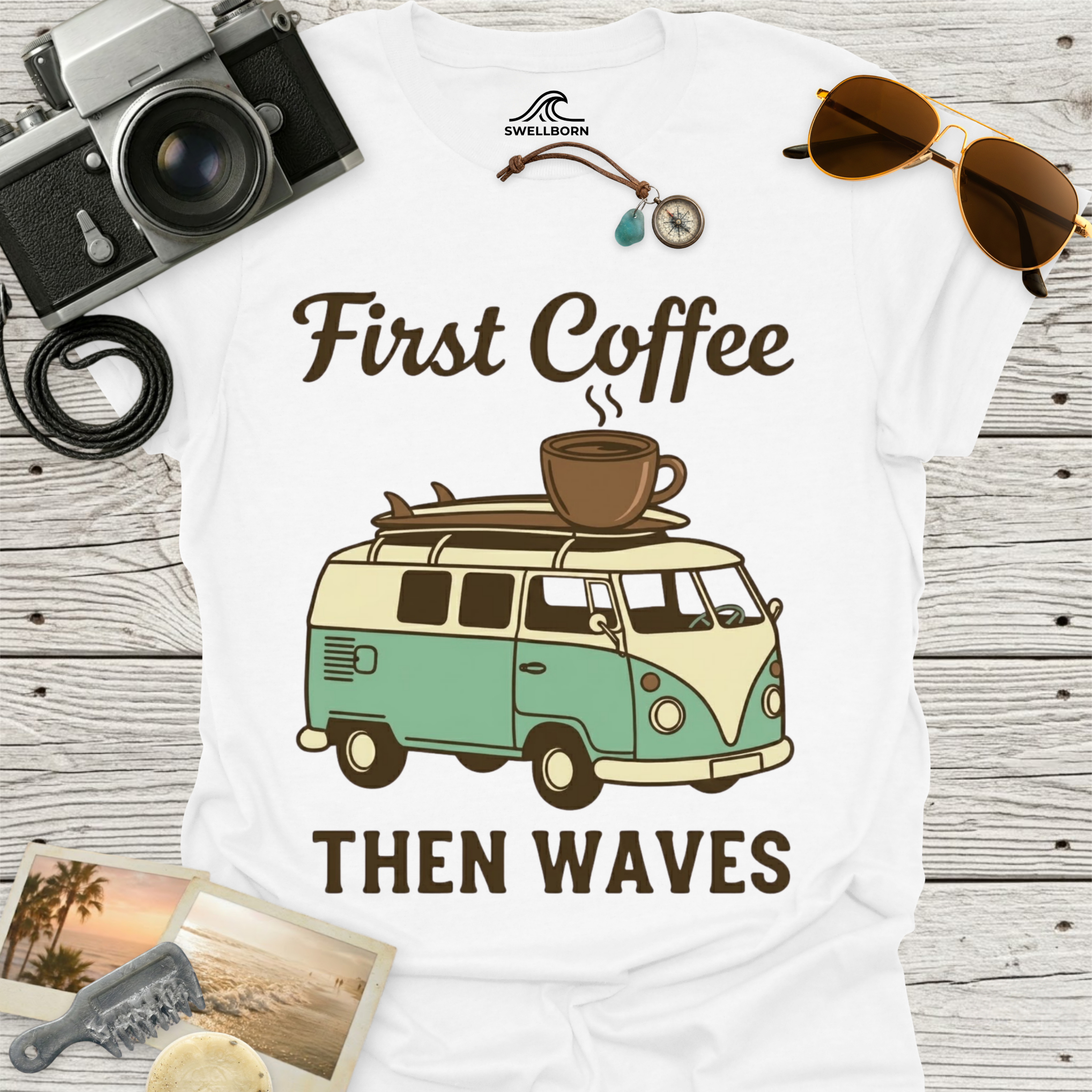 First Coffee Then Waves T‑Shirt